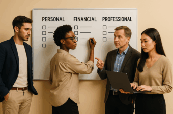 Quatro pessoas discutindo organização de tarefas em um quadro branco.