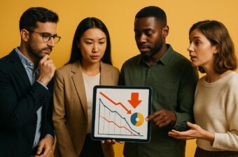 quatro pessoas analisando gráficos em uma apresentação