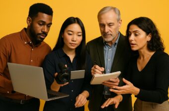 Grupo de pessoas discutindo sobre vídeos em um fundo amarelo.