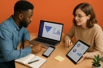 duas pessoas analisando dados em dispositivos eletrônicos