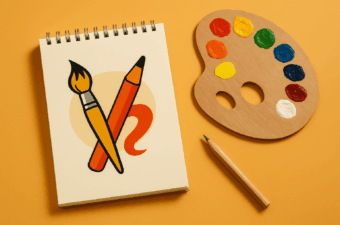Materiais de arte sobre fundo laranja