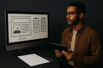 Homem analisando projetos de UI em um computador e tablet.