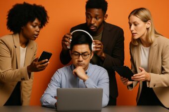 Grupo de pessoas tentando ajudar um homem a se concentrar no trabalho.