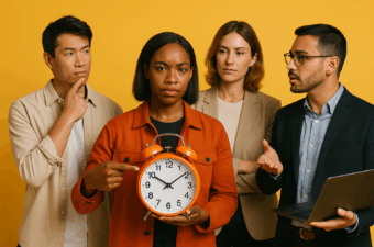 Grupo de quatro pessoas discutindo sobre gerenciamento de tempo com um despertador.