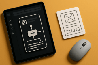 Tablet e mouse sobre fundo amarelo com layouts de interação