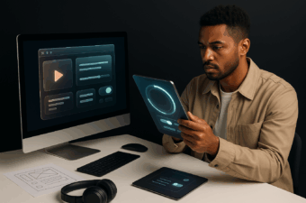 homem analisando interface de usuário em tablet, com computador ao fundo