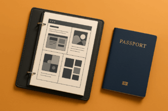 capa de portfólio e passaporte sobre fundo laranja