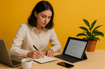 mulher escrevendo em um caderno com laptop e tablet