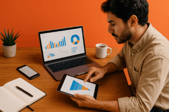 Homem analisando gráficos em dispositivos digitais