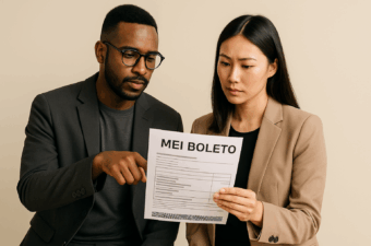 duas pessoas analisando um boleto