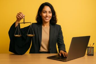 mulher em traje empresarial segurando balança
