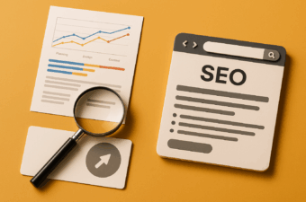 Material gráfico sobre SEO com uma lupa e um gráfico.