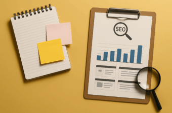 notebook with sticky notes and SEO report