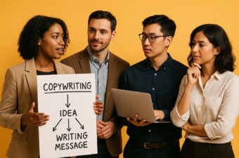 pessoas discutindo sobre escrita persuasiva com um cartaz