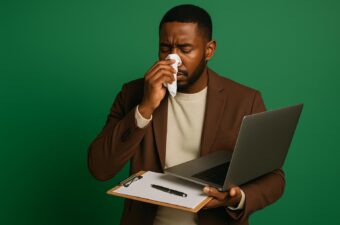 Homem com lenço no rosto trabalhando no computador.
