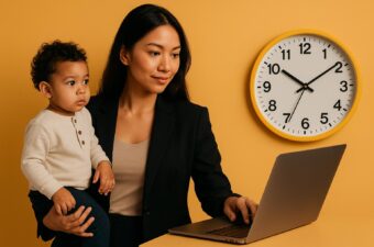 Mulher com criança usando laptop em fundo amarelo.