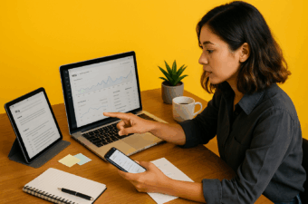 Mulher analisando dados em dispositivos eletrônicos.