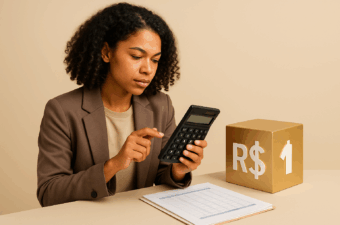 Mulher usando calculadora com caixa de dinheiro ao lado.