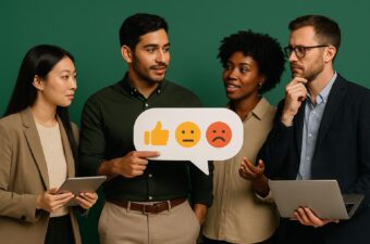 Quatro pessoas discutindo feedback com ícones de emoções.