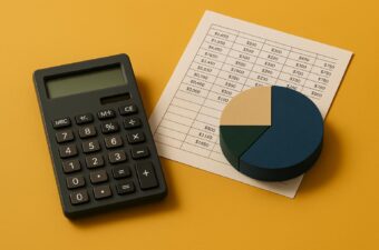 calculadora e gráfico sobre papel em fundo amarelo