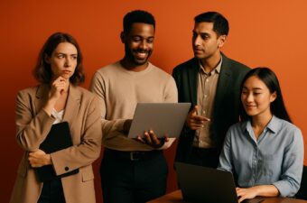 Grupo de profissionais colaborando com laptops em fundo laranja