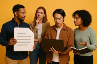 Grupo diverso discutindo sobre um projeto.