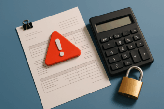 calculadora, documento e cadeado em mesa azul