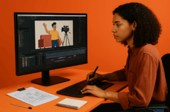 Mulher trabalhando em animação em um computador com fundo laranja.