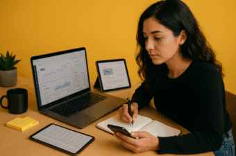 Mulher fazendo anotações em ambiente de trabalho moderno
