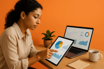 Mulher analisando gráficos em tablet e laptop