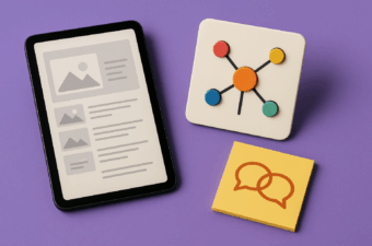 dispositivos digitais e ícones coloridos sobre fundo roxo