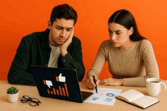 Casal analisando gráficos com expressões preocupadas.