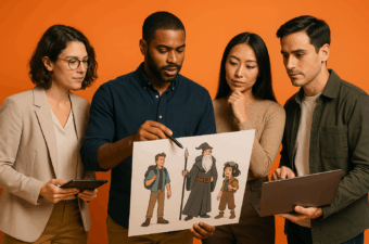 Grupo analisando design de personagens em reunião.
