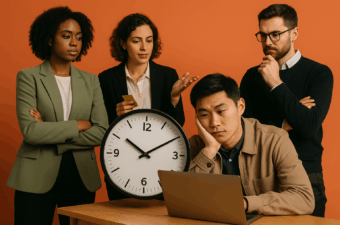 Grupo de pessoas discutindo sobre procrastinação ao redor de um computador.