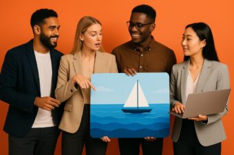 Quatro pessoas discutindo com uma ilustração de barco.