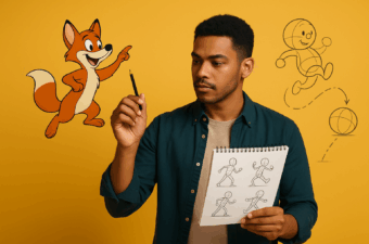 Homem segurando um caderno de esboços com personagens animados ao fundo.