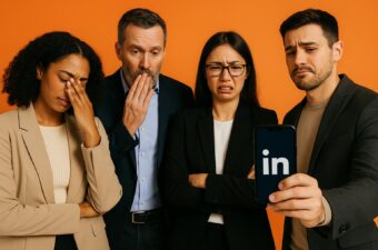 grupo de profissionais surpresos com um celular