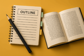 Caderno e livro abertos sobre mesa amarela