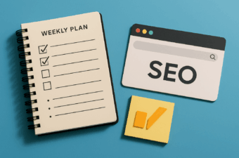 Caderno de planejamento semanal e elementos de SEO