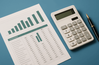 calculadora e relatórios financeiros sobre mesa