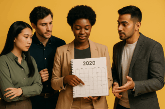 Grupo de pessoas discutindo um calendário de 2020