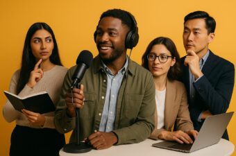 quatro pessoas discutindo sobre podcasts