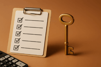 Clipboard with checklist and a golden key