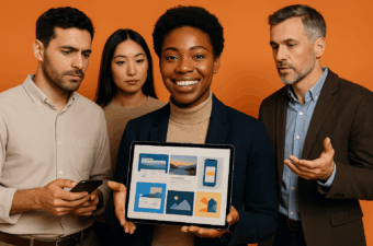 grupo de pessoas discutindo design em um tablet