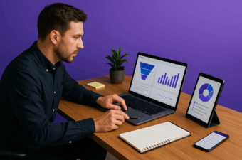 Homem analisando dados em computadores e tablet.