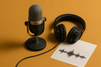 microfone e fones de ouvido sobre fundo laranja