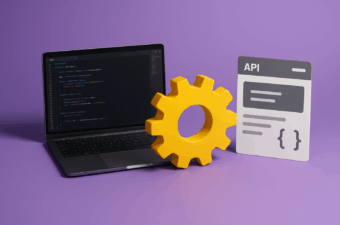 laptop com código, engrenagem amarela e ícone de API