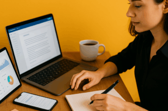 Mulher escrevendo em um caderno ao lado de dispositivos eletrônicos.