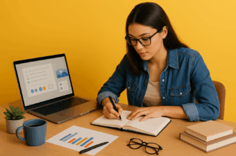 Mulher estudando com um laptop e anotações em uma mesa