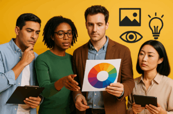 Grupo de pessoas analisando um gráfico colorido.